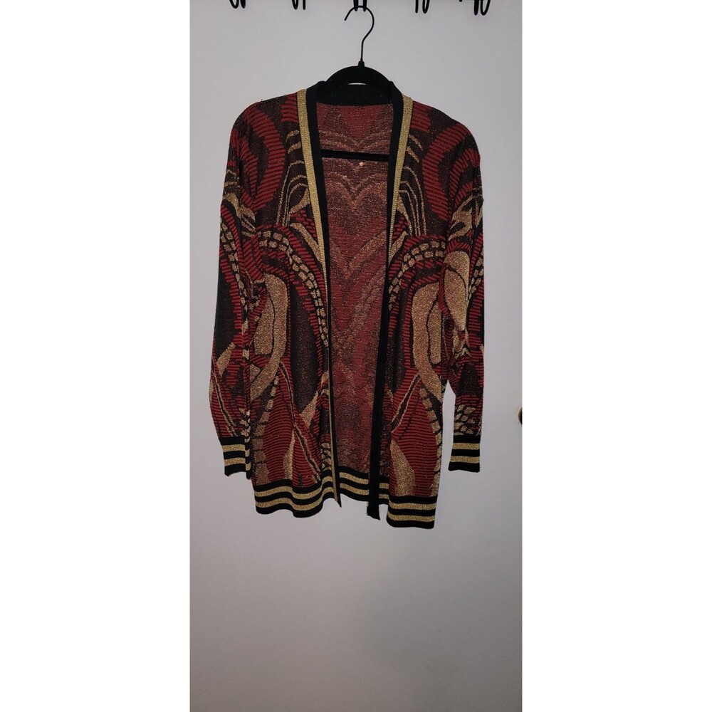 Womens Sz L Metallic Knit Open Front Cardigan Bold Abstract Artsy Red Gold